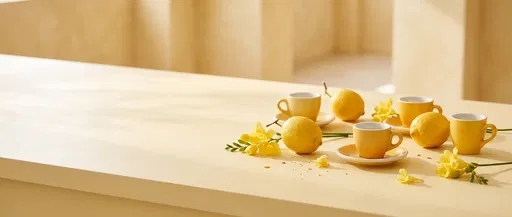 Yellow Espresso Cups and Lemons on Counter