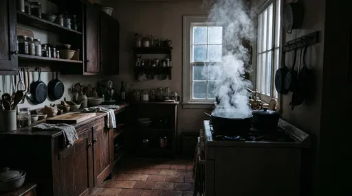 Steam Rising in Rustic Kitchen