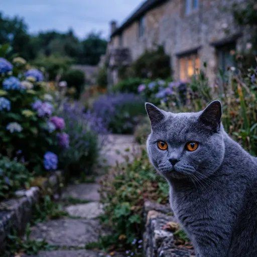 British Shorthair Cat in Twilight Garden