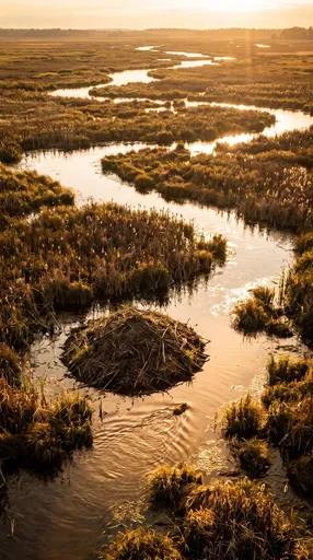 Golden Hour Marshland and Muskrat Lodge