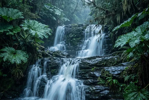 Multi-Tiered Waterfall in Lush Rainforest