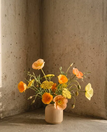 Poppies and Yarrow in Ceramic Vase