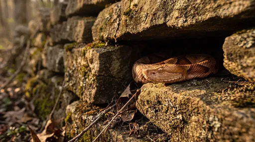 Copperhead Snake in Stone Wall Crevice