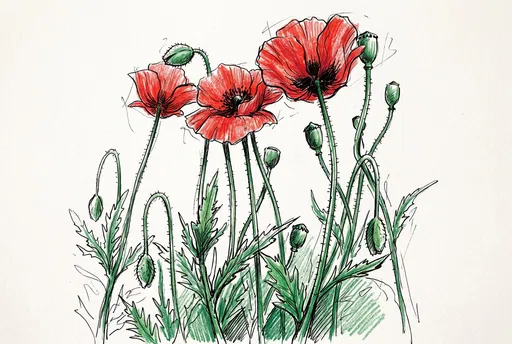 Red Poppies Botanical Ink and Pencil Sketch