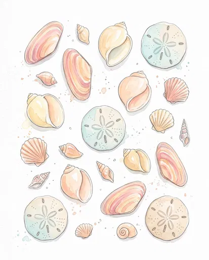 Pastel Watercolor Seashells and Sand Dollars