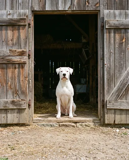 White Dogo Argentino in Barn Doorway
