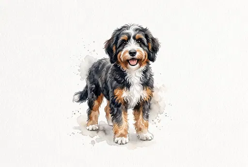 Watercolor Illustration of Tricolor Aussiedoodle Dog