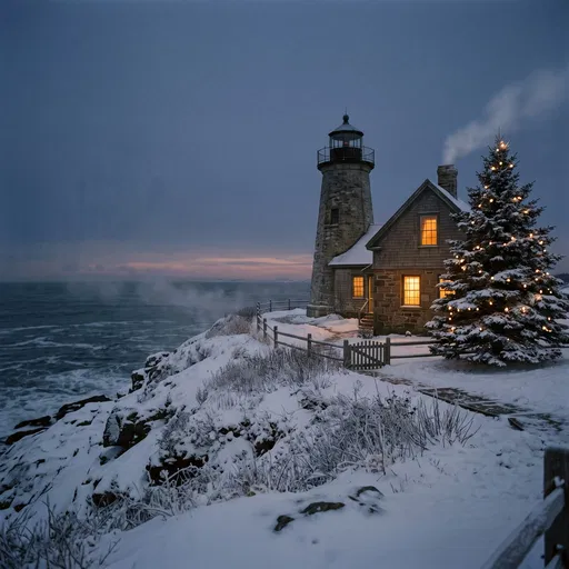 Snowy Coastal Lighthouse at Blue Hour