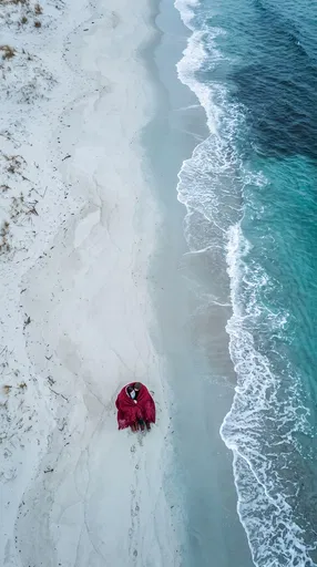 Aerial View of Couple on Winter Beach