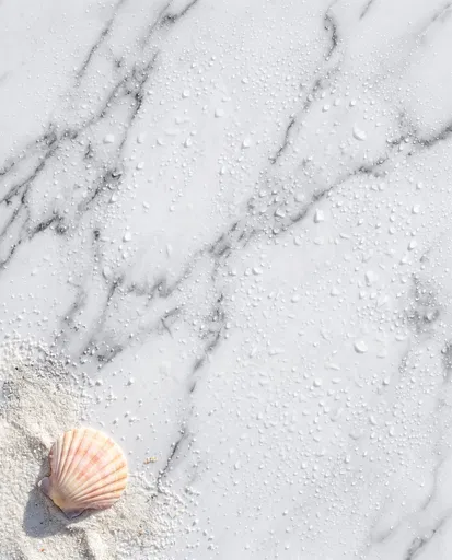 Wet White Marble With Seashell and Sand