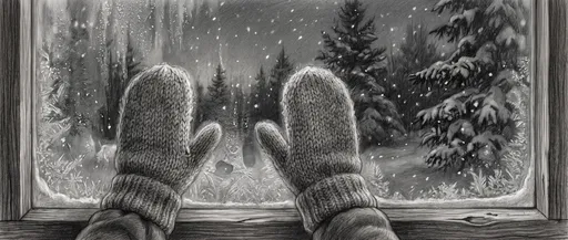 Pencil Drawing of Mittens on Snowy Window