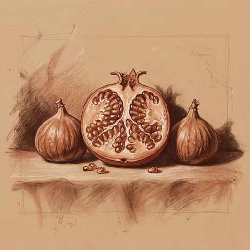 Sepia Chalk Drawing of Pomegranate and Figs