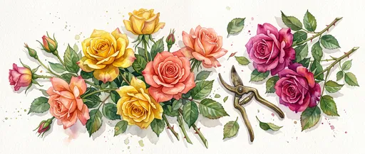 Watercolor Hybrid Tea Roses and Shears