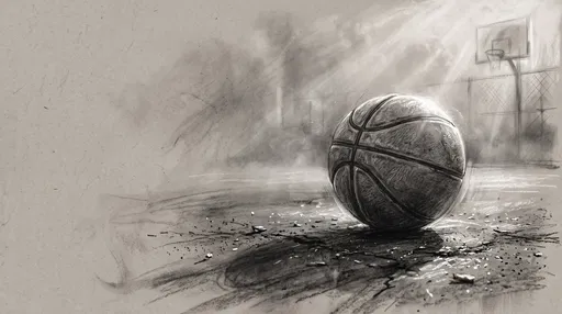 Charcoal Drawing of Basketball on Outdoor Court