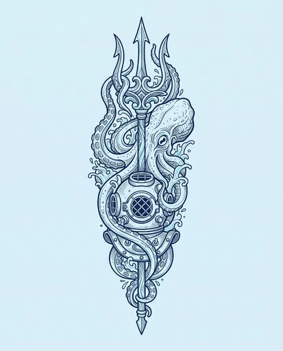 Kraken Trident Diving Helmet Tattoo Illustration
