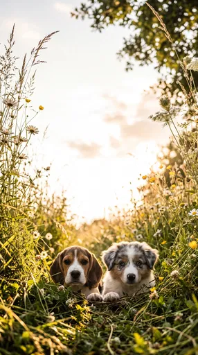 Puppies Peeking Through Sunlit Meadow Frame