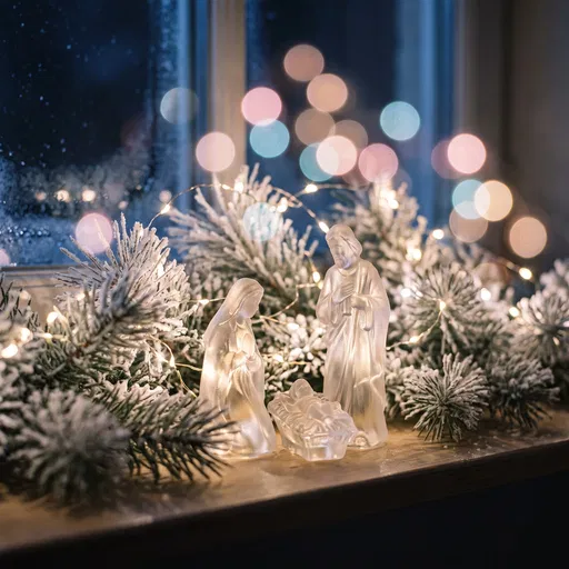 Frosted Glass Nativity Scene on Windowsill