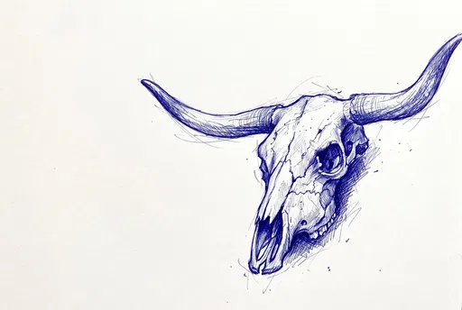 Blue Ballpoint Sketch of Longhorn Skull