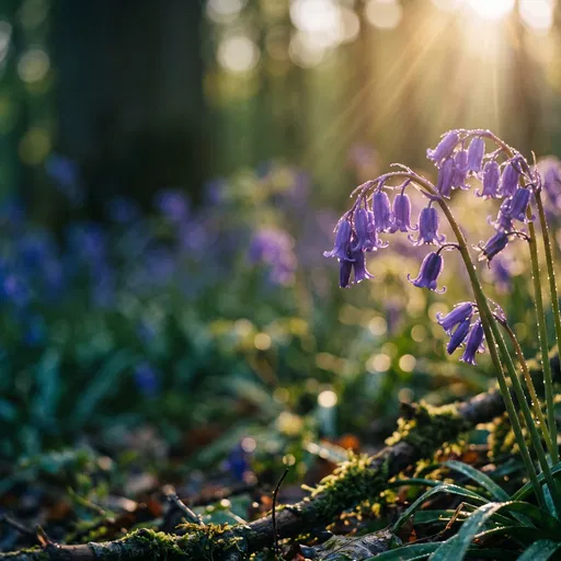Sunlit Bluebells in Morning Woodland