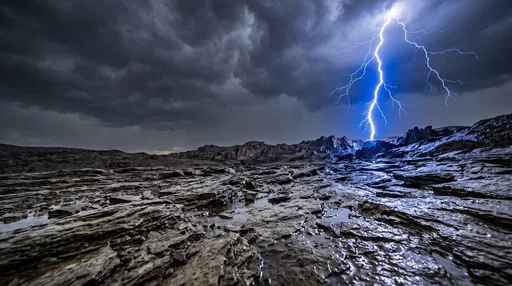 Blue Lightning Strike Over Wet Rocky Terrain
