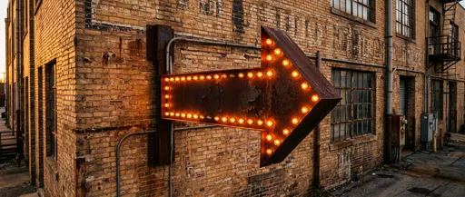 Vintage Lighted Right Arrow Sign on Brick