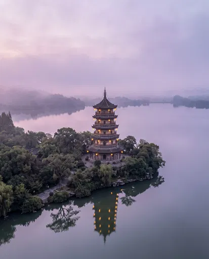 Illuminated Ancient Pagoda on Misty Lake