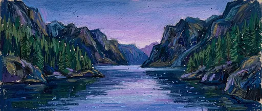 Oil Pastel Mountain Fjord at Twilight