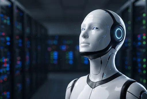 White Humanoid Android in Server Room