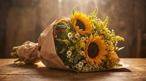 Rustic Sunflower Bouquet on Wooden Table