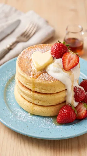 Fluffy Pancakes with Heart Butter and Strawberries
