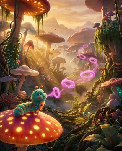 Caterpillar Blowing Smoke in Mushroom Forest