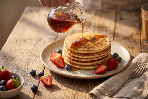 Maple Syrup Pouring Over Pancake Stack