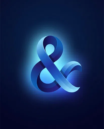Glowing Blue Ribbon Ampersand Symbol