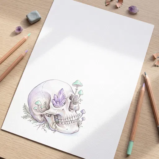 Pastel Skull Drawing Flat Lay on Paper