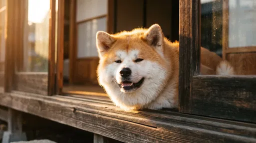 Smiling Akita Dog on Wooden Veranda