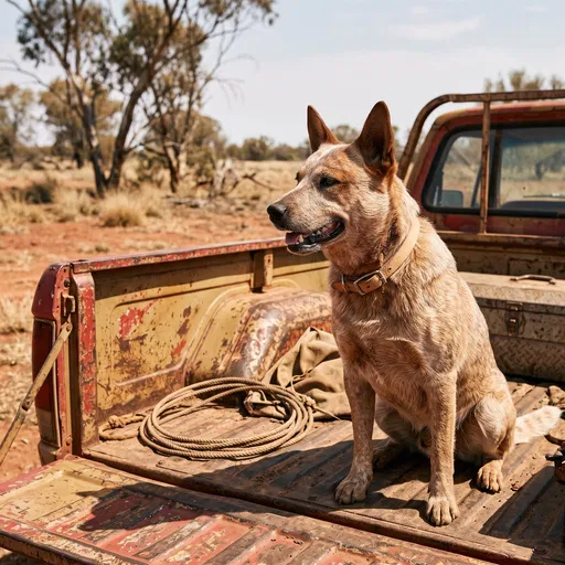 Red Heeler Sitting in Vintage Pickup Truck