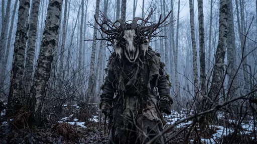 Folk Horror Figure in Misty Birch Forest