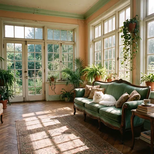 White Cat on Sofa in Sunroom
