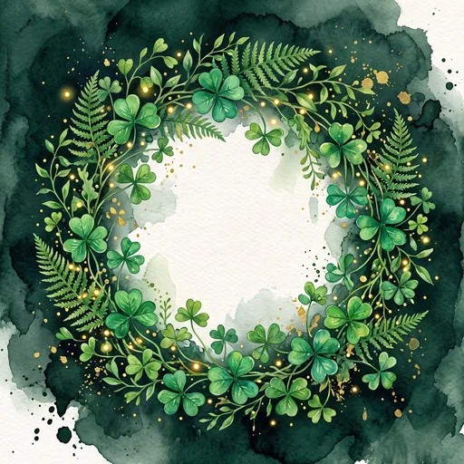 Watercolor Shamrock and Fern Wreath Background