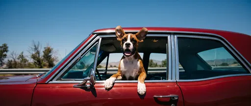 Boxer Puppy in Classic Red Car