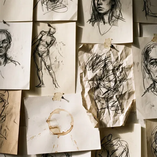 Pinned Charcoal Sketches on Studio Wall