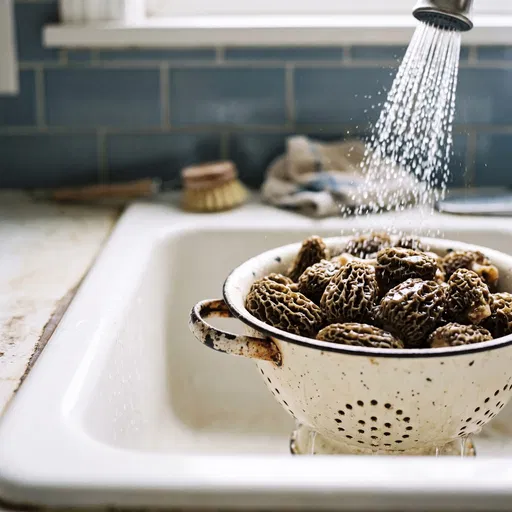 Rinsing Fresh Morel Mushrooms in Colander