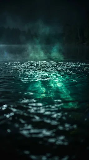 Glowing Emerald Light Under Dark Lake