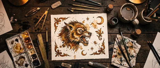 Watercolor Werewolf Tattoo Flash on Artist Desk