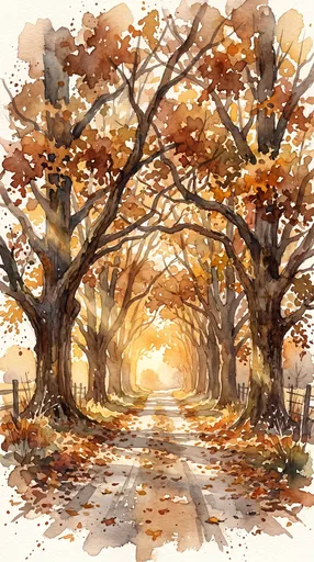 Watercolor Autumn Country Lane Illustration