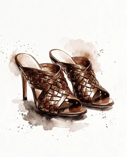 Watercolor Illustration of Brown Woven Mules