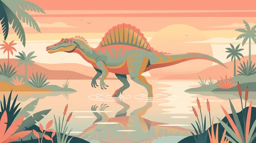 Flat Illustration of Spinosaurus in Sunset Lagoon