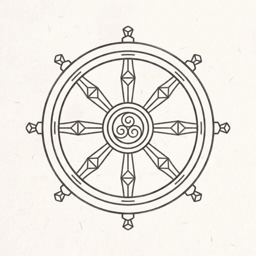 Minimalist Buddhist Dharmachakra Wheel Line Illustration