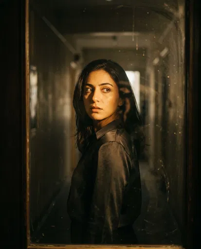 Woman Looking Over Shoulder in Dark Mirror
