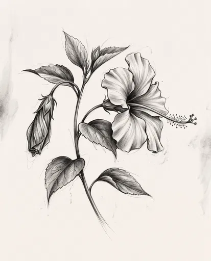 Monochrome Graphite Drawing of Hibiscus Flower